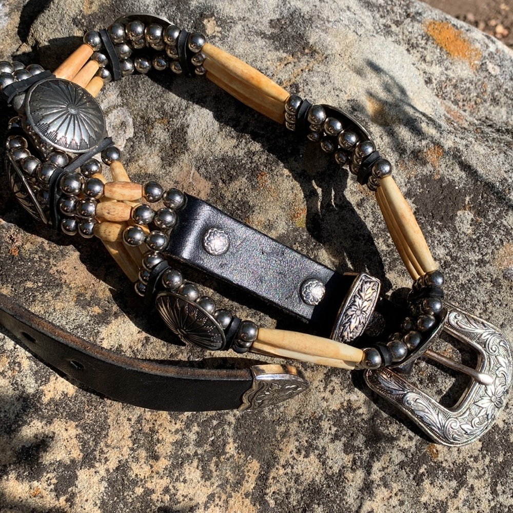 Vintage black leather and bone bead concho belt sz 30